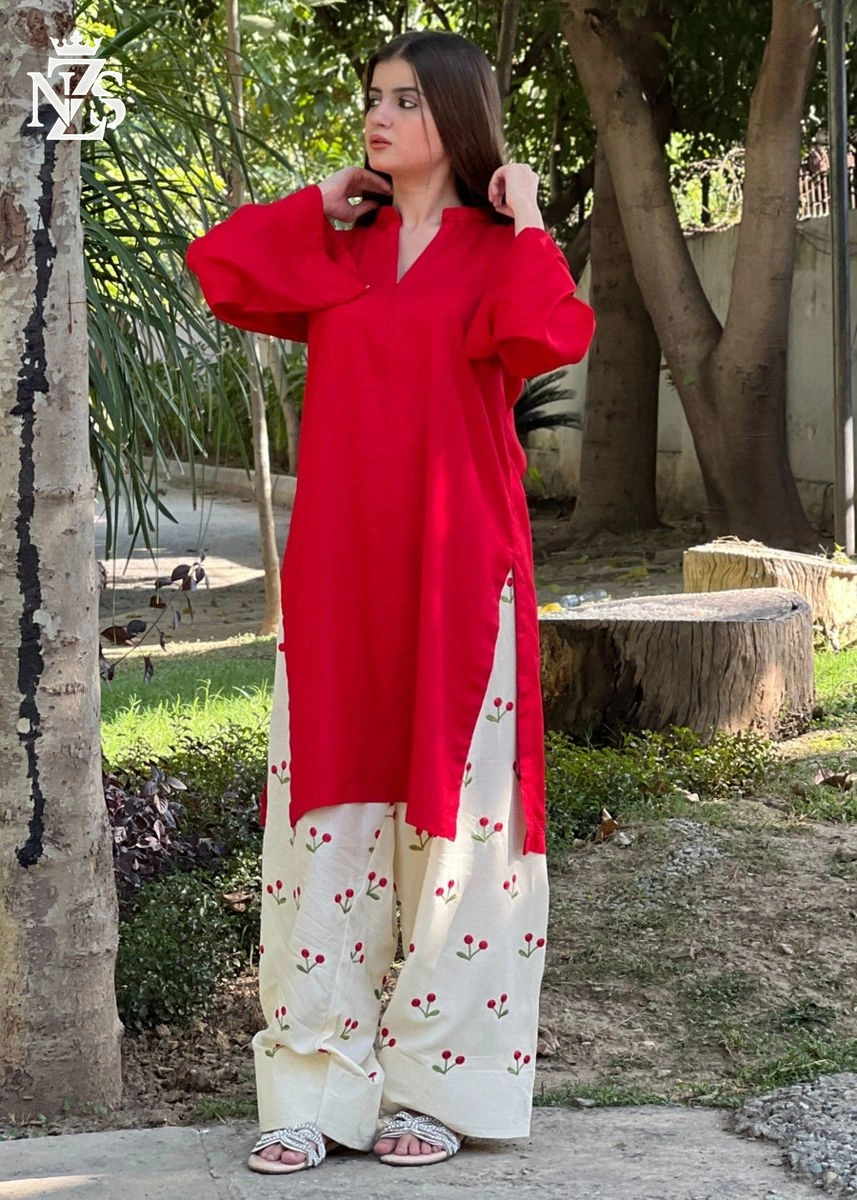 Yumna Embroidered Lawn 2-Piece Stitched Suit in Cherry red & ivory - image 3