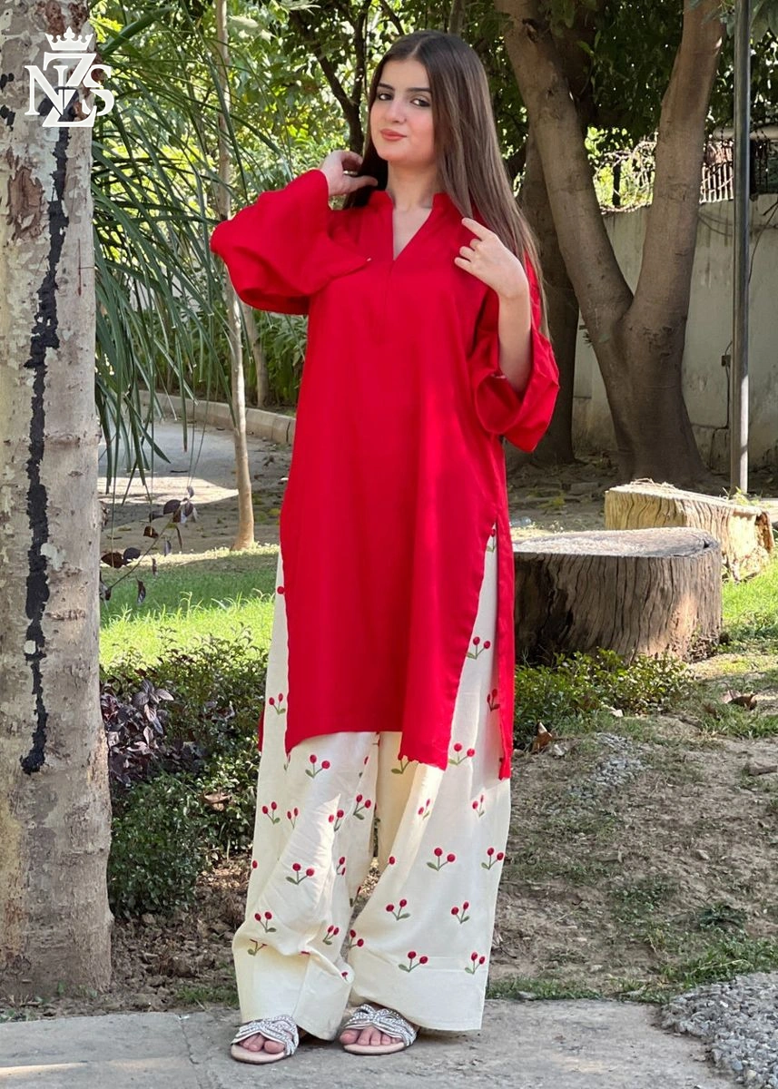 Yumna Embroidered Lawn 2-Piece Stitched Suit in Cherry red & ivory - image 4