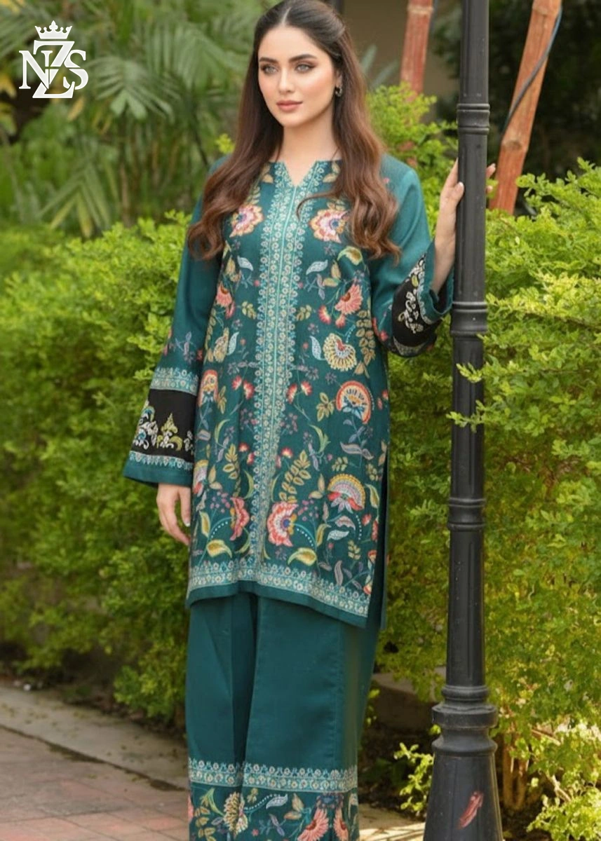 Zainab Printed 2-Piece Stitched Suit in Teal green - image 1