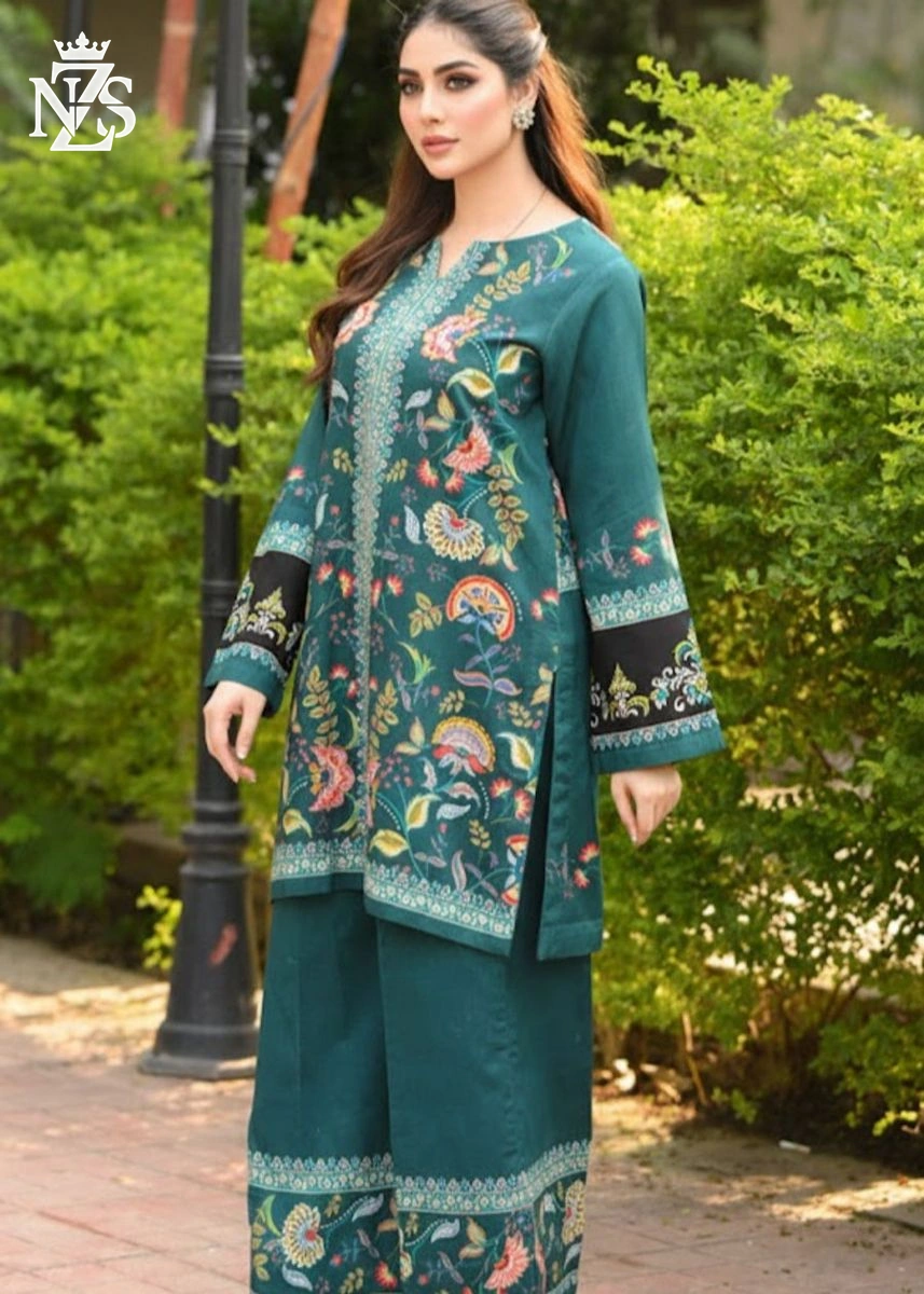 Zainab Printed 2-Piece Stitched Suit in Teal green - image 2