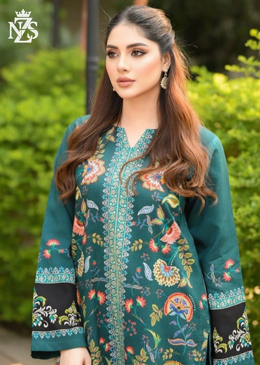 Zainab Printed 2-Piece Stitched Suit in Teal green - image 3
