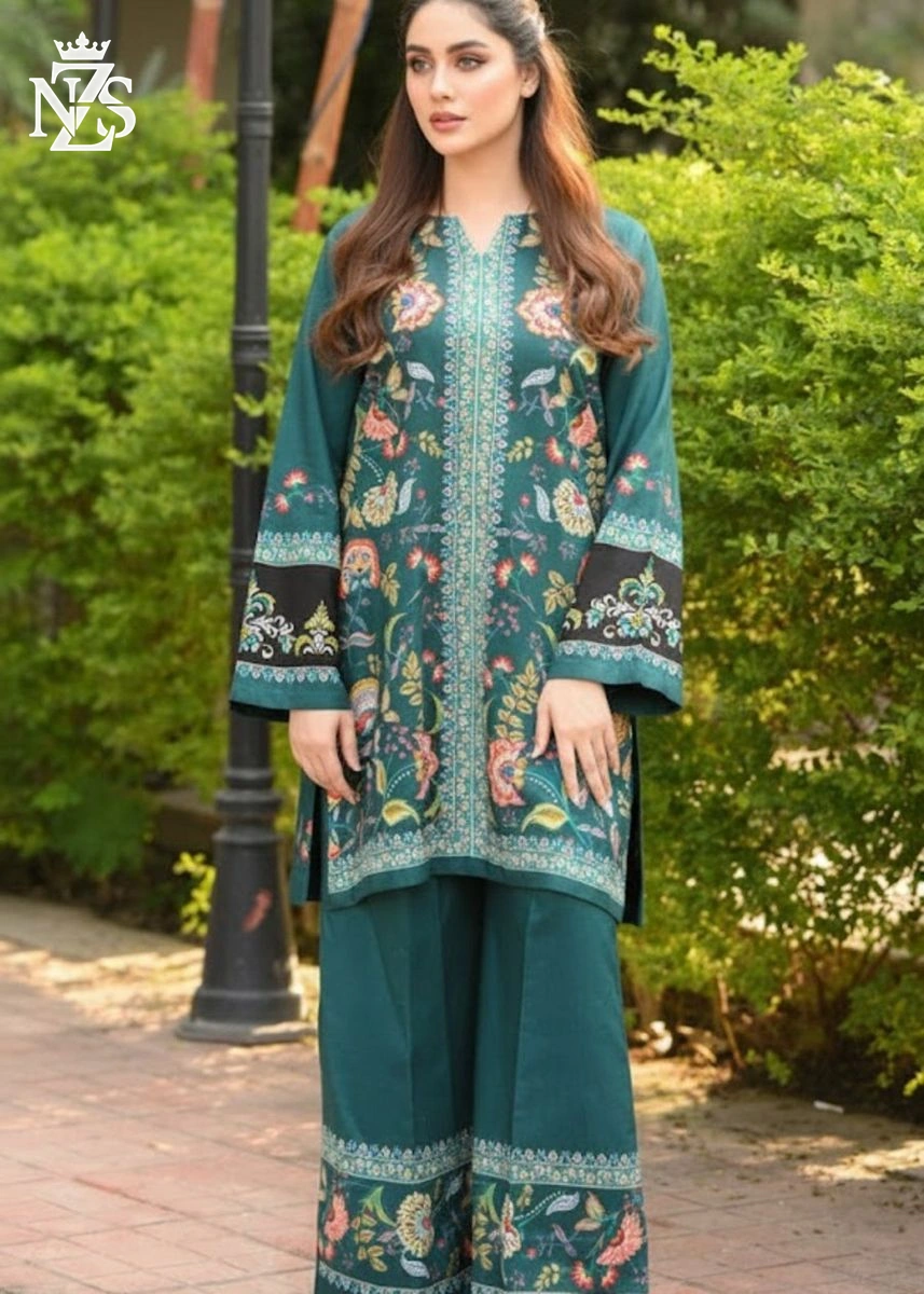 Zainab Printed 2-Piece Stitched Suit in Teal green - image 4