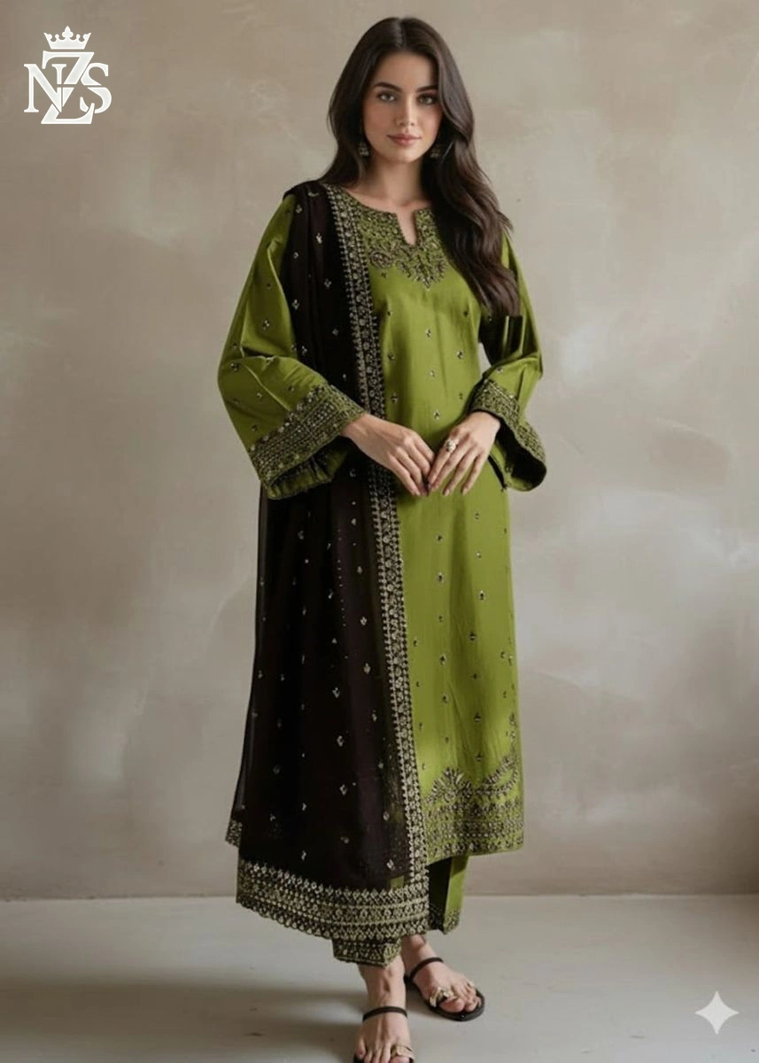 Afreen Embroidered Cambric 3-Piece Stitched Suit in Olive green - image 1