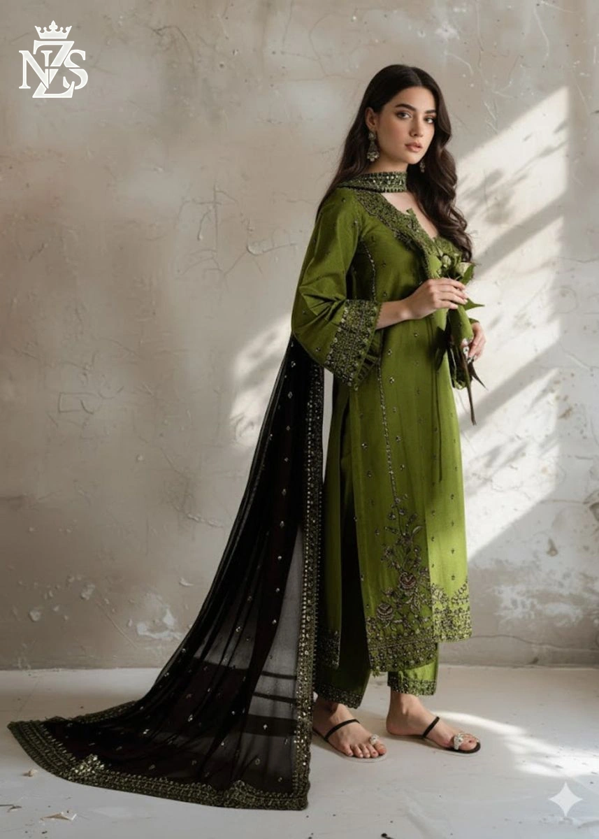 Afreen Embroidered Cambric 3-Piece Stitched Suit in Olive green - image 2