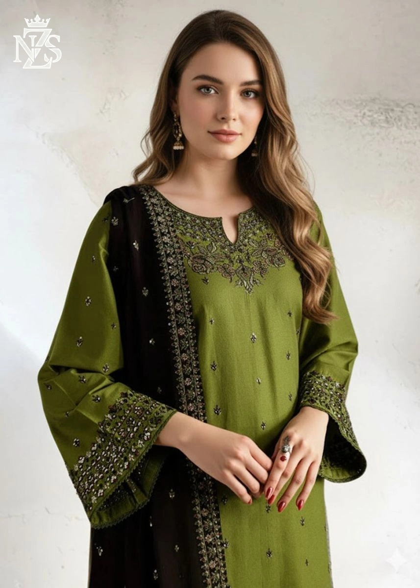 Afreen Embroidered Cambric 3-Piece Stitched Suit in Olive green - image 3