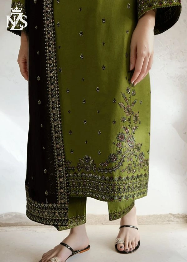 Afreen Embroidered Cambric 3-Piece Stitched Suit in Olive green - image 4