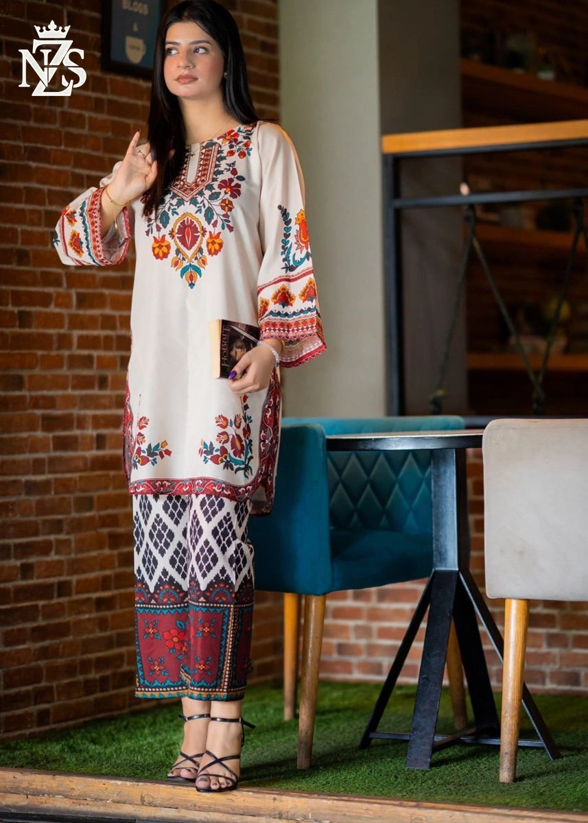 Benish Embroidered Co-ord 2-Piece Stitched Suit in Cream multicolour - image 1