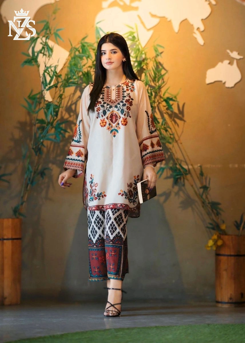 Benish Embroidered Co-ord 2-Piece Stitched Suit in Cream multicolour - image 2