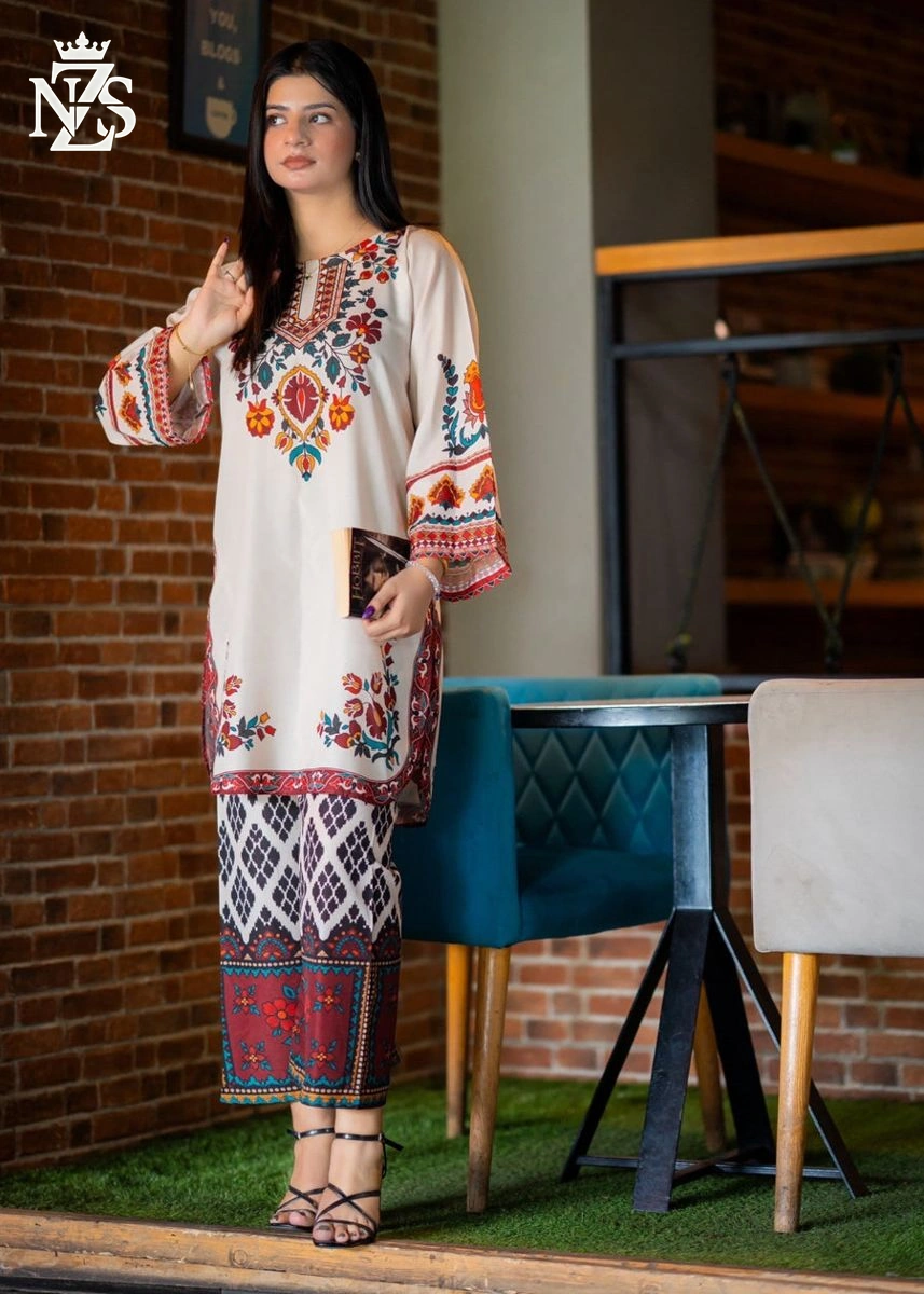 Benish Embroidered Co-ord 2-Piece Stitched Suit in Cream multicolour - image 3