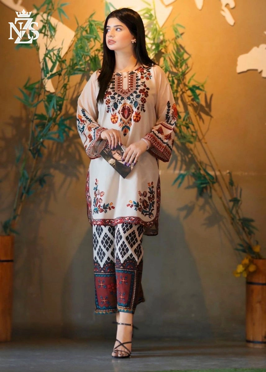 Benish Embroidered Co-ord 2-Piece Stitched Suit in Cream multicolour - image 4