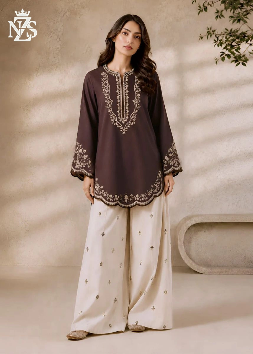 Eshal Embroidered Lawn 2-Piece Stitched Suit in Brown & ivory - image 1
