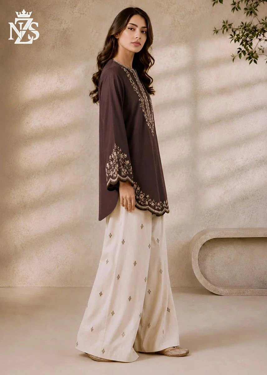 Eshal Embroidered Lawn 2-Piece Stitched Suit in Brown & ivory - image 2
