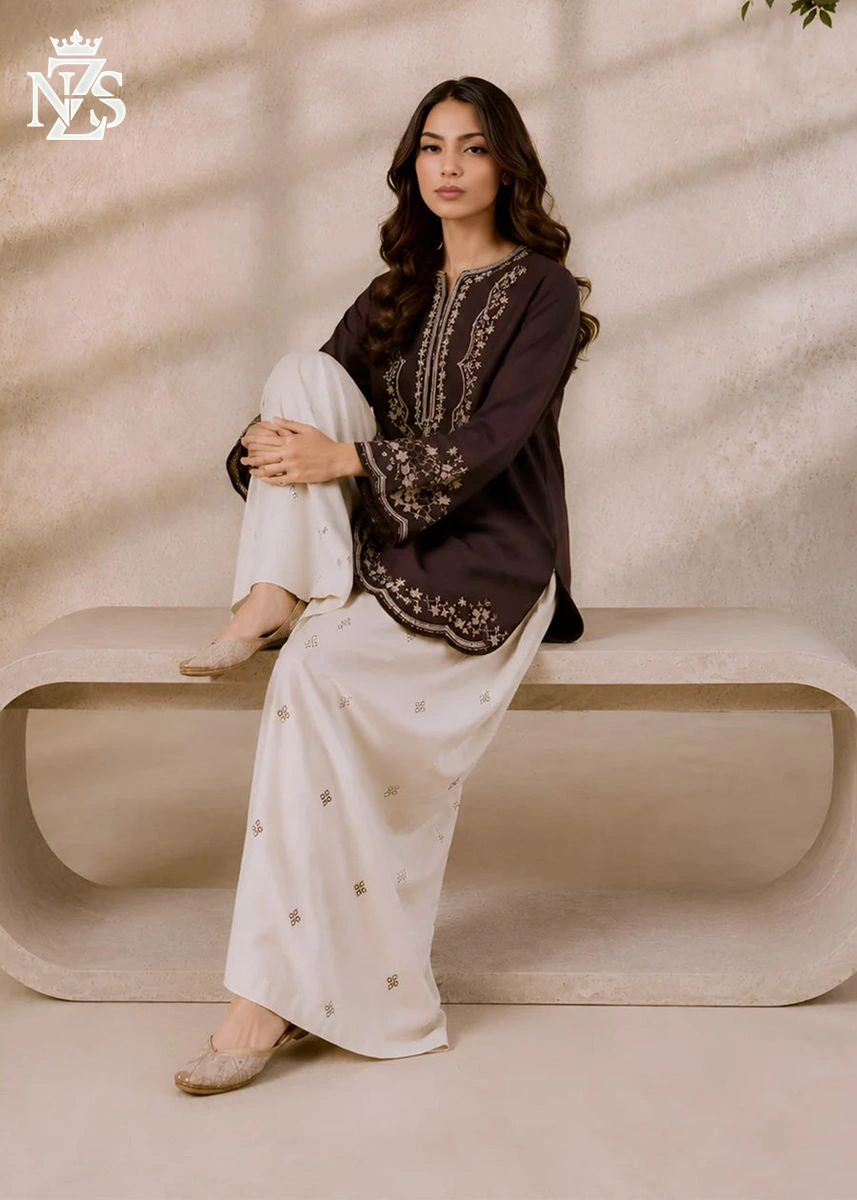 Eshal Embroidered Lawn 2-Piece Stitched Suit in Brown & ivory - image 3