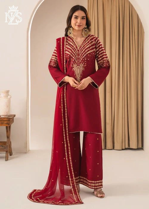 Fajr Embroidered Lawn 3-Piece Stitched Suit in Maroon - image 1