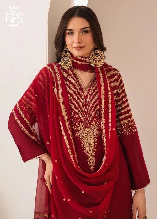 Fajr Embroidered Lawn 3-Piece Stitched Suit in Maroon - image 2