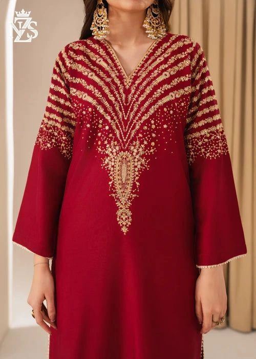 Fajr Embroidered Lawn 3-Piece Stitched Suit in Maroon - image 3