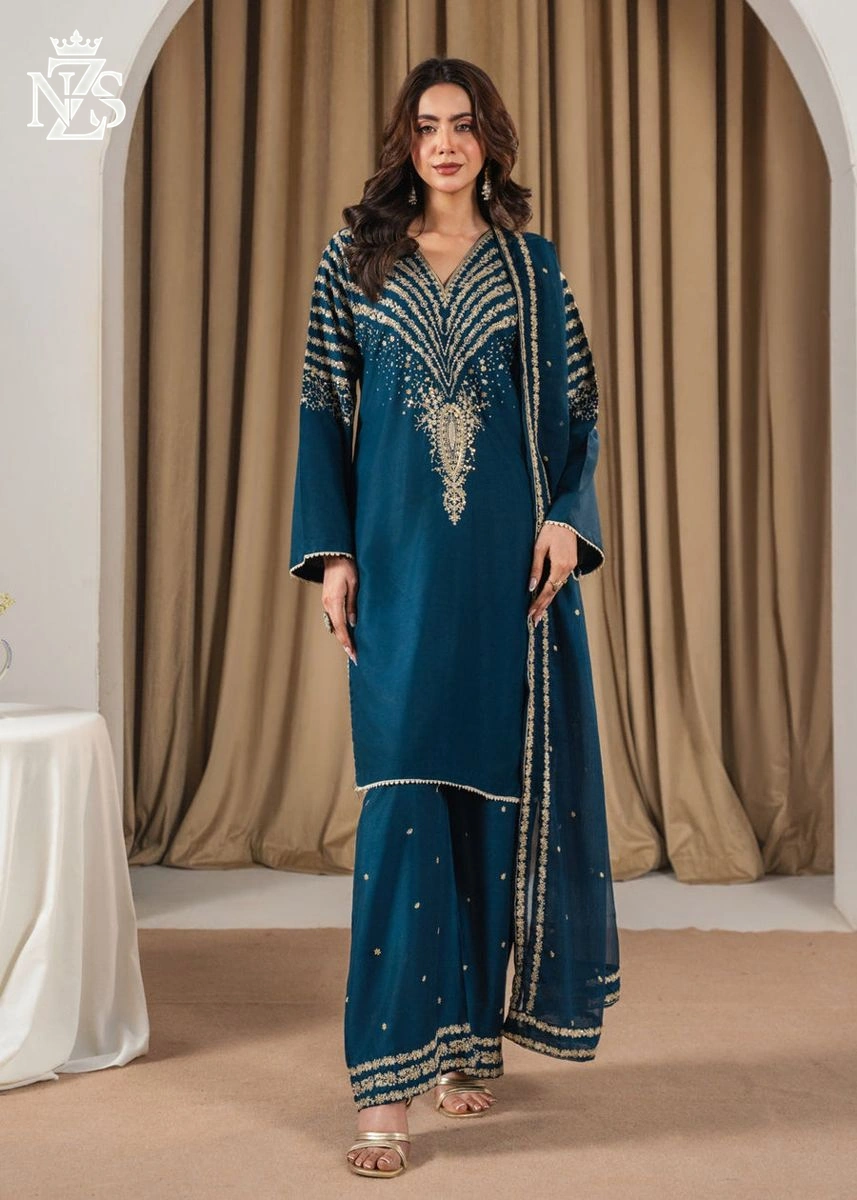 Gulrukh Embroidered Cambric 3-Piece Stitched Suit in Teal blue - image 1