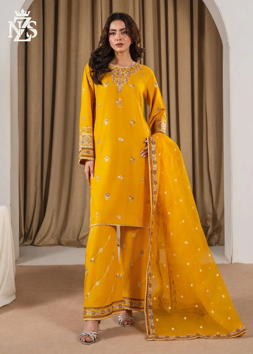 Hoor Embroidered Linen 3-Piece Stitched Suit in Mustard yellow - image 1