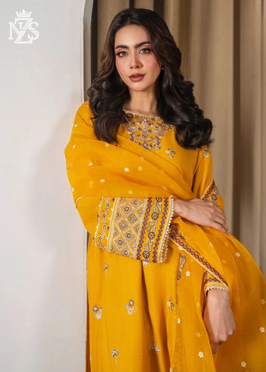 Hoor Embroidered Linen 3-Piece Stitched Suit in Mustard yellow - image 2