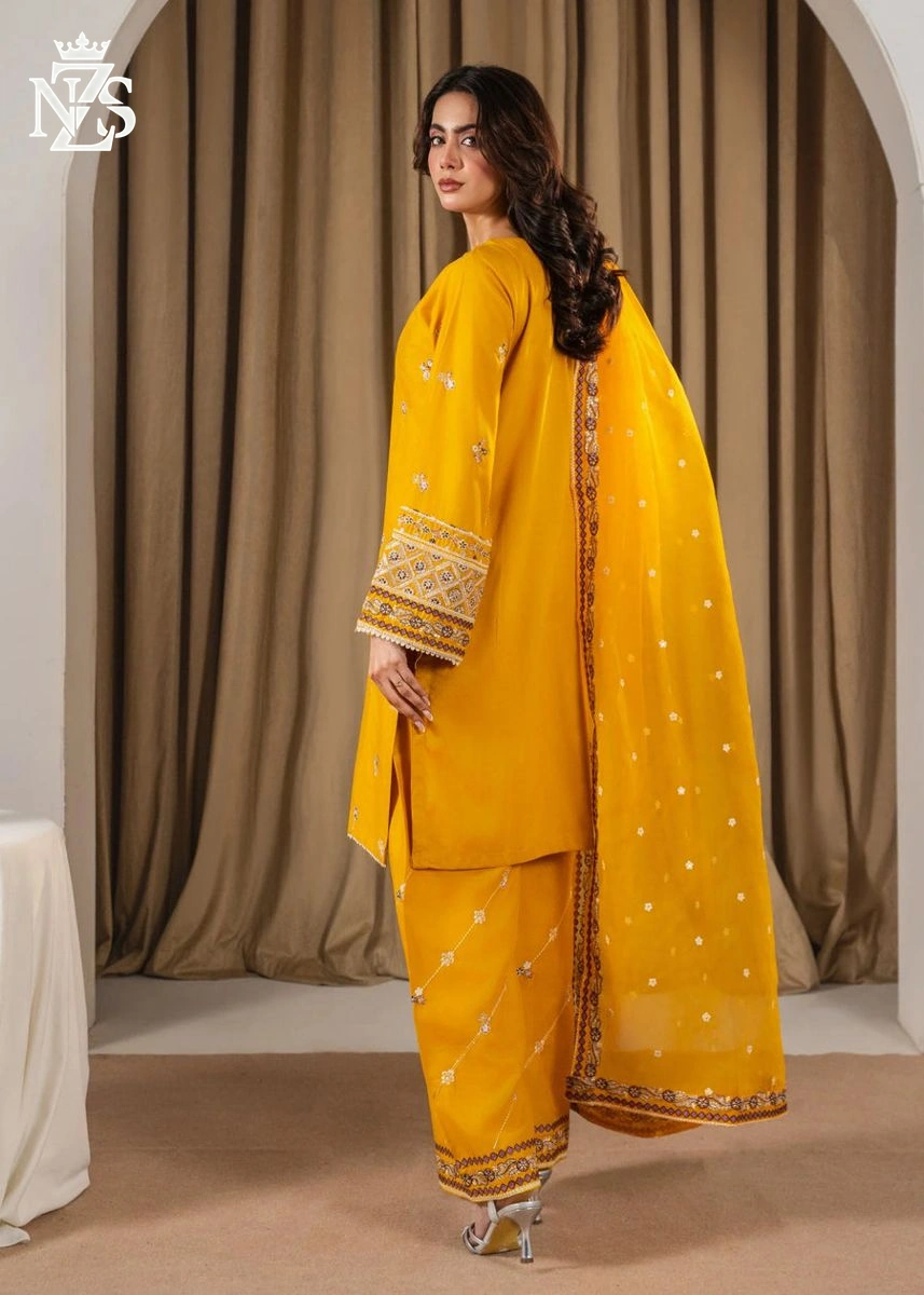 Hoor Embroidered Linen 3-Piece Stitched Suit in Mustard yellow - image 3