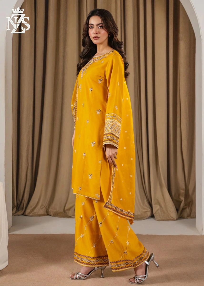 Hoor Embroidered Linen 3-Piece Stitched Suit in Mustard yellow - image 4