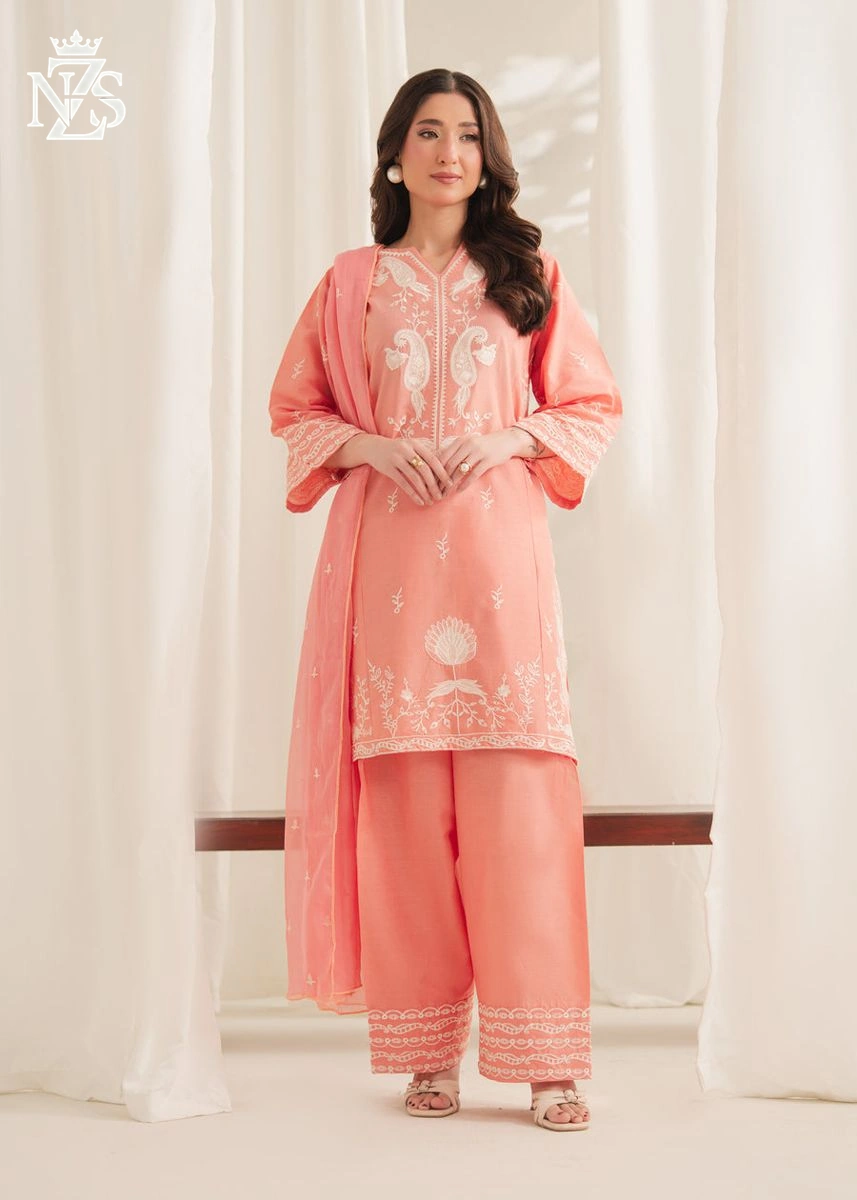 Izza Embroidered Cambric 3-Piece Stitched Suit in Peach pink - image 1