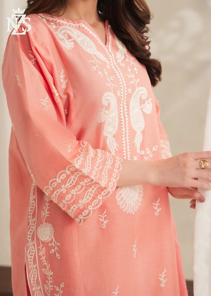 Izza Embroidered Cambric 3-Piece Stitched Suit in Peach pink - image 2
