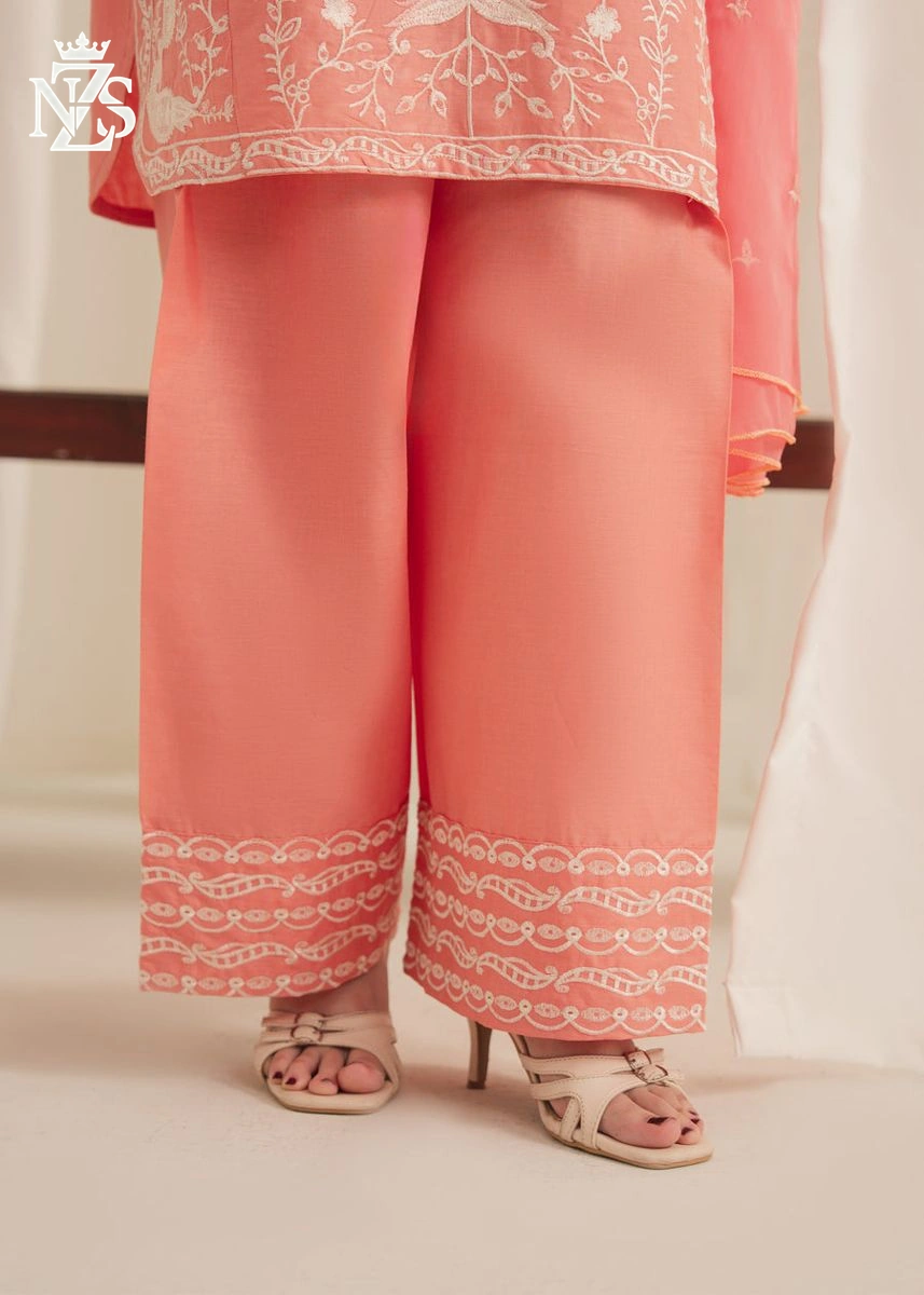 Izza Embroidered Cambric 3-Piece Stitched Suit in Peach pink - image 3