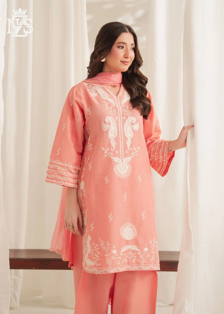 Izza Embroidered Cambric 3-Piece Stitched Suit in Peach pink - image 4