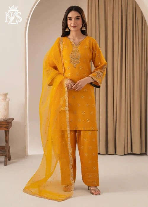 Javeria Embroidered Linen 3-Piece Stitched Suit in Mustard - image 1