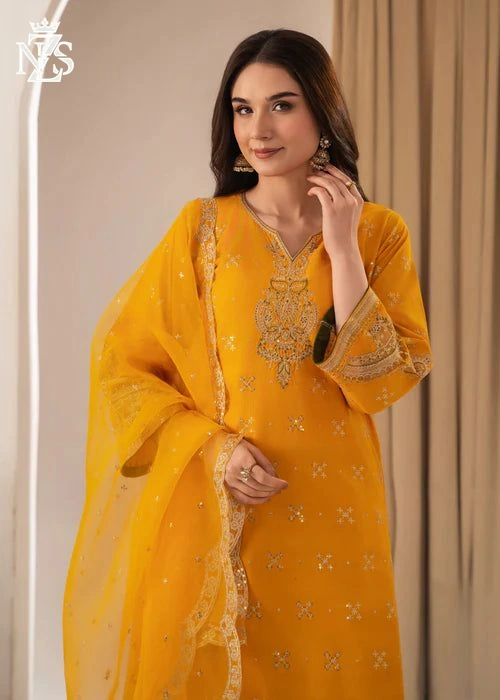 Javeria Embroidered Linen 3-Piece Stitched Suit in Mustard - image 2