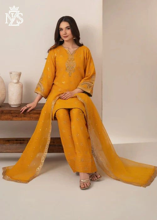 Javeria Embroidered Linen 3-Piece Stitched Suit in Mustard - image 3