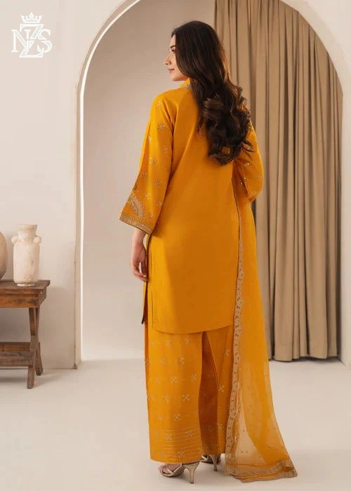 Javeria Embroidered Linen 3-Piece Stitched Suit in Mustard - image 4