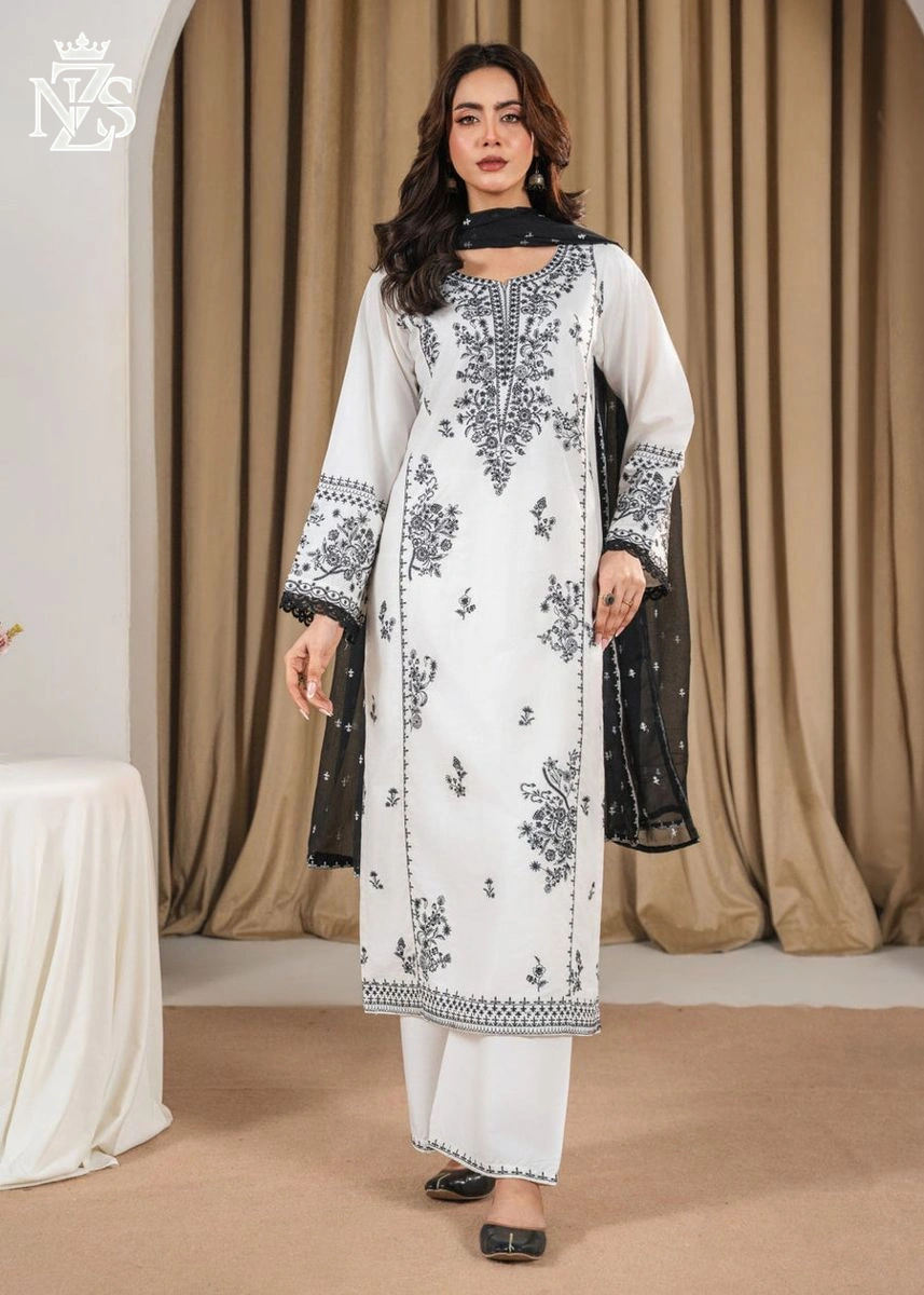Laraib Embroidered Lawn 3-Piece Stitched Suit in White & black - image 1