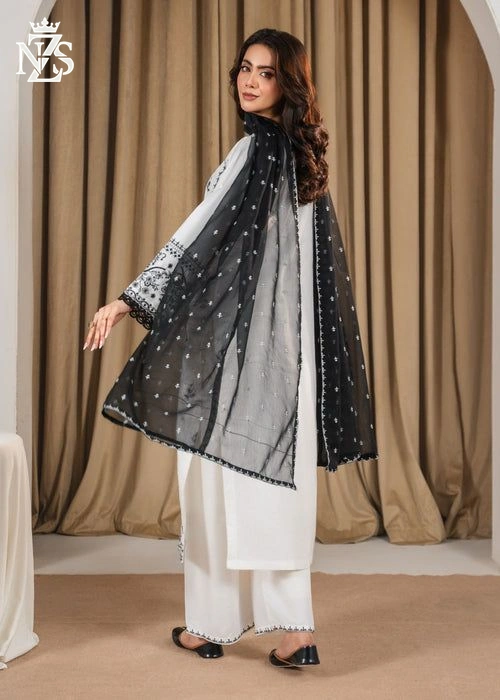 Laraib Embroidered Lawn 3-Piece Stitched Suit in White & black - image 2