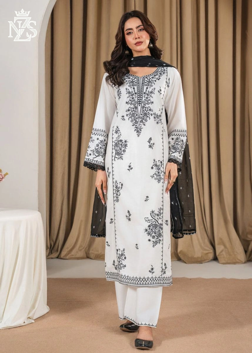 Laraib Embroidered Lawn 3-Piece Stitched Suit in White & black - image 3