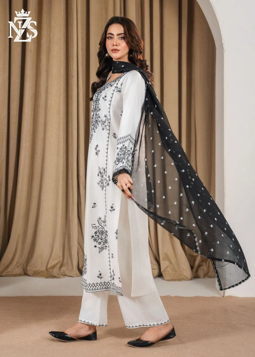 Laraib Embroidered Lawn 3-Piece Stitched Suit in White & black - image 4