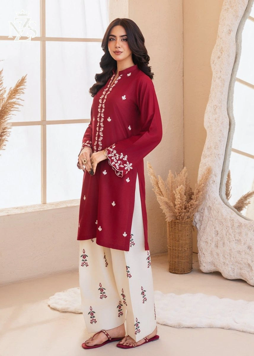 Mahira Embroidered Cambric 2-Piece Stitched Suit in Maroon & ivory - image 1