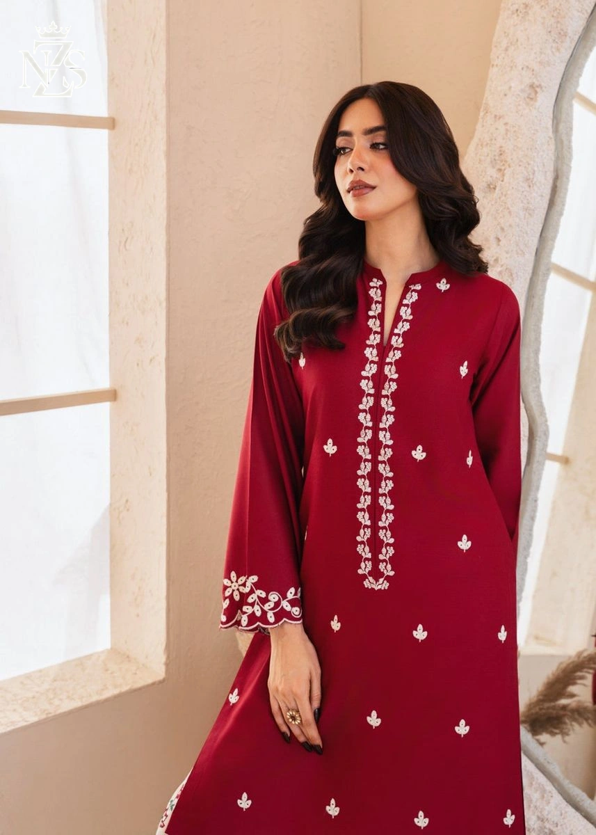 Mahira Embroidered Cambric 2-Piece Stitched Suit in Maroon & ivory - image 2