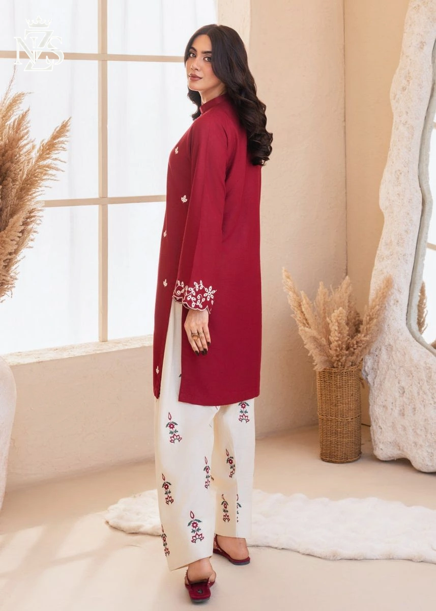 Mahira Embroidered Cambric 2-Piece Stitched Suit in Maroon & ivory - image 3