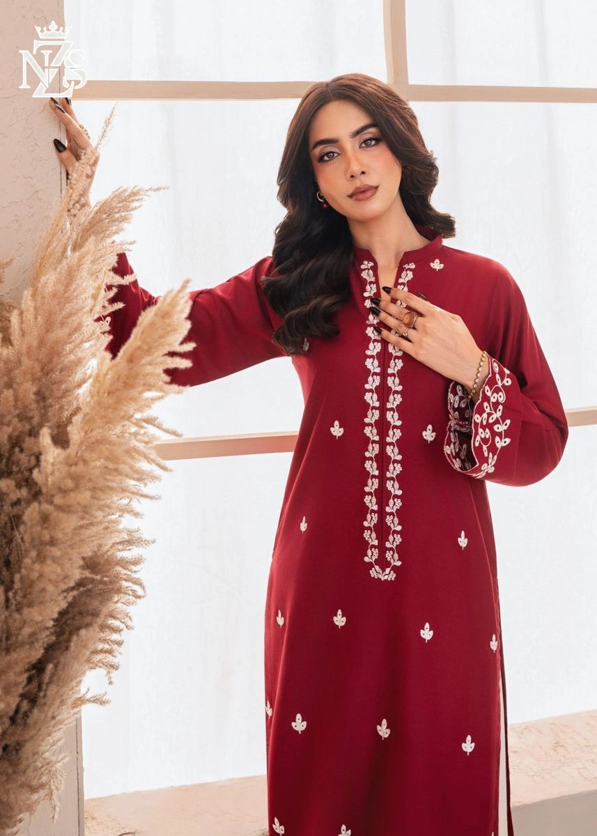 Mahira Embroidered Cambric 2-Piece Stitched Suit in Maroon & ivory - image 4