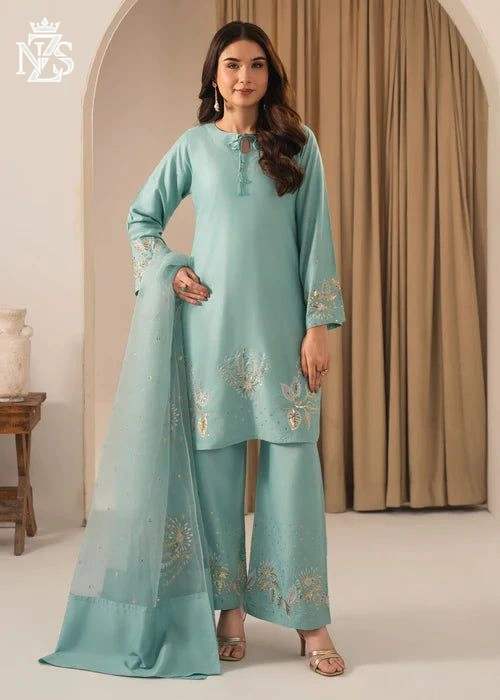 Neha Embroidered Cambric 3-Piece Stitched Suit in Mint blue - image 1