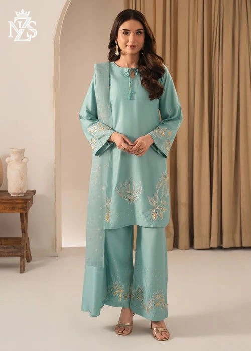 Neha Embroidered Cambric 3-Piece Stitched Suit in Mint blue - image 2