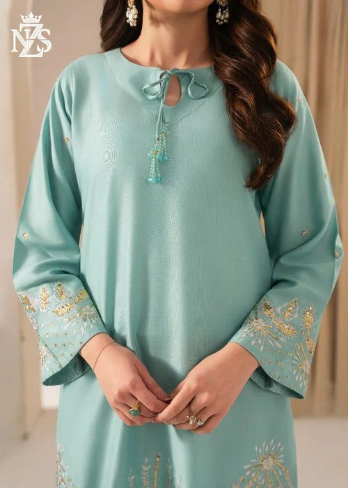 Neha Embroidered Cambric 3-Piece Stitched Suit in Mint blue - image 3