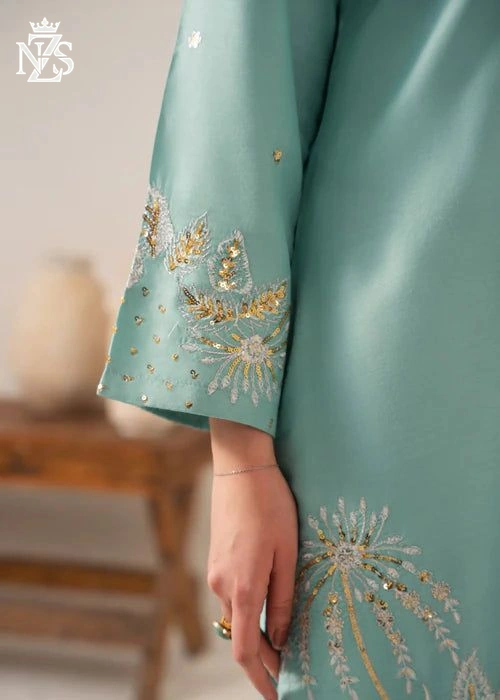 Neha Embroidered Cambric 3-Piece Stitched Suit in Mint blue - image 4