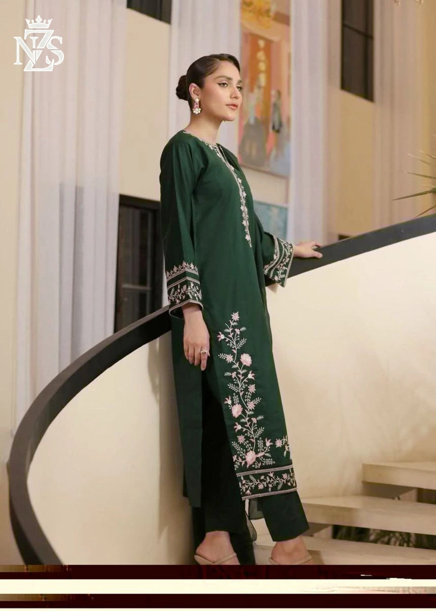 Pakeeza Embroidered Linen 2-Piece Stitched Suit in Bottle green - image 3