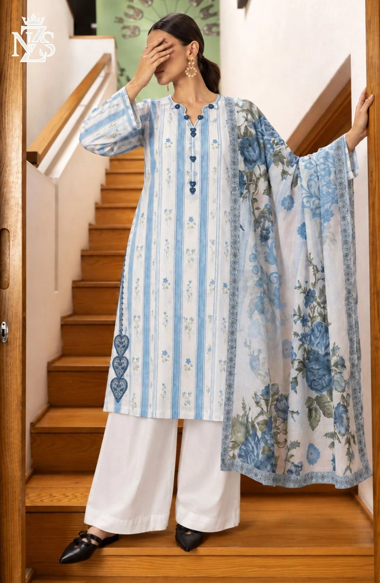 Saira Embroidered Cotton 3-Piece Stitched Suit in White & sky blue - image 1