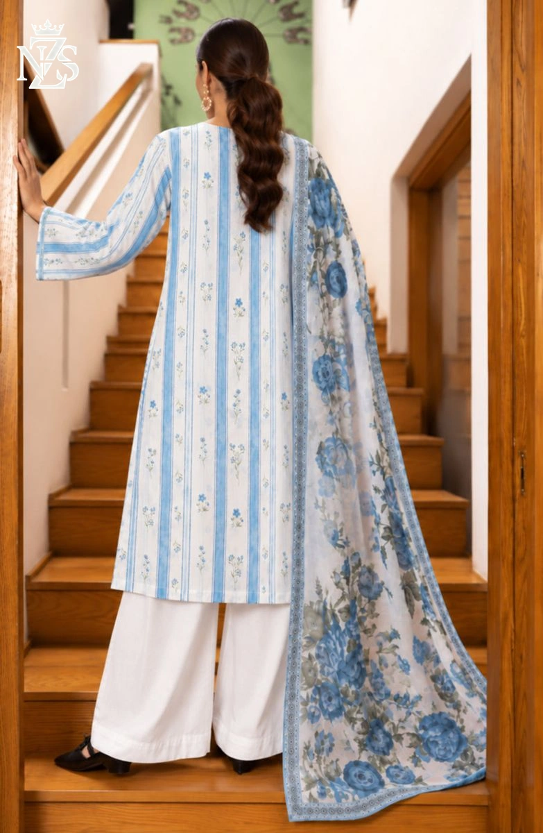 Saira Embroidered Cotton 3-Piece Stitched Suit in White & sky blue - image 2