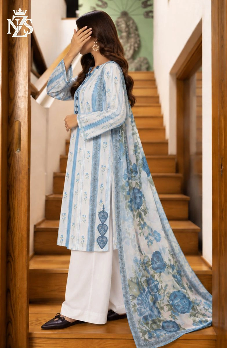 Saira Embroidered Cotton 3-Piece Stitched Suit in White & sky blue - image 3