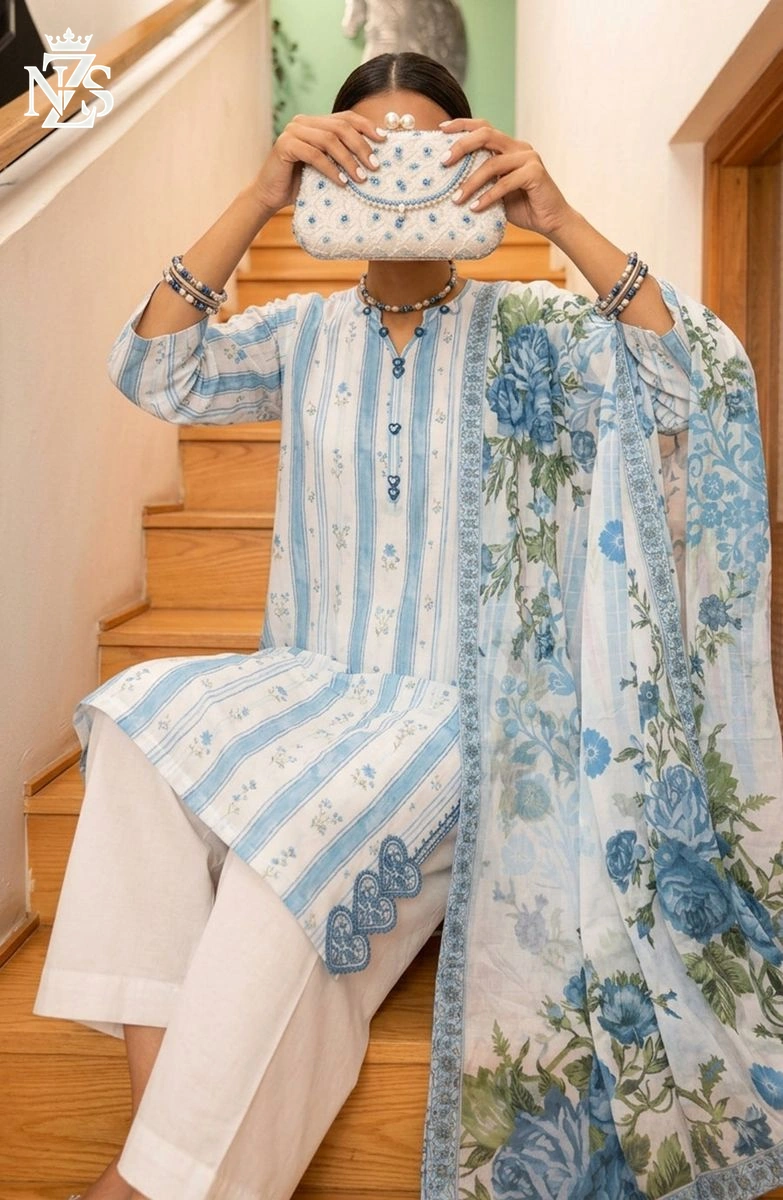 Saira Embroidered Cotton 3-Piece Stitched Suit in White & sky blue - image 4